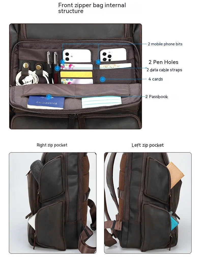Dark brown retro leather backpack for men with a 17-inch laptop compartment open.