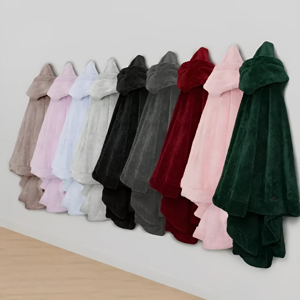 A thick free size hooded bathrobe in black, shown on a hanger.