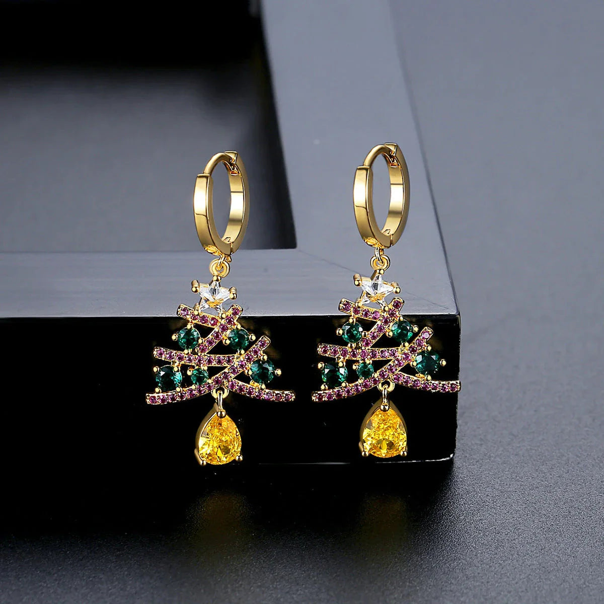 Sparkling Christmas tree earrings with colorful rhinestones, a fashionable and shining accessory for women