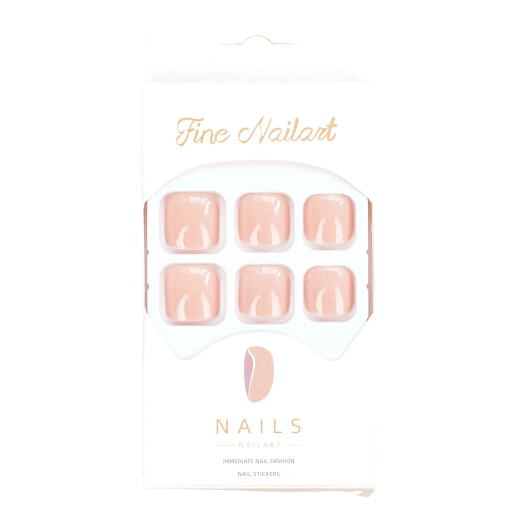 Plastic toenail stickers in skin colour with adhesive glue bottle on white background
