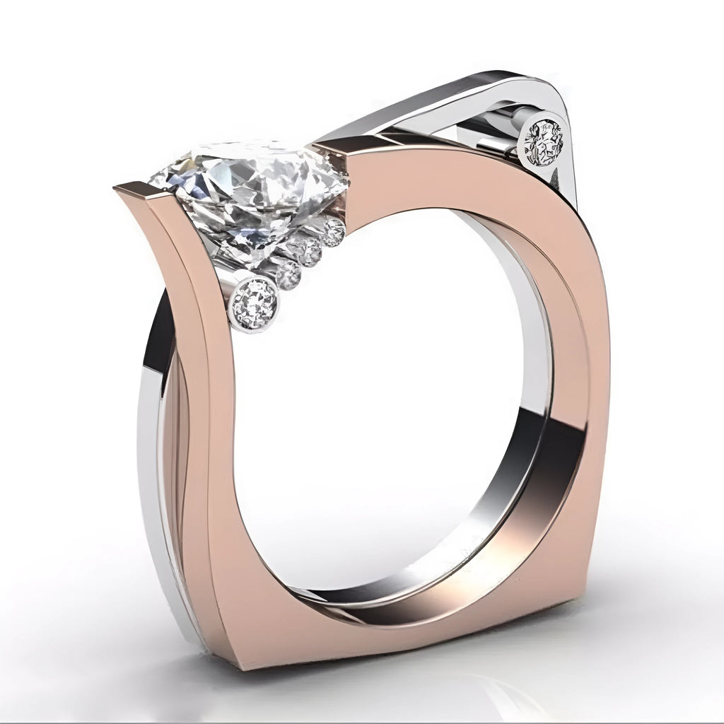 Rose gold electroplated geometric couple rings with zircon stone inlay on display