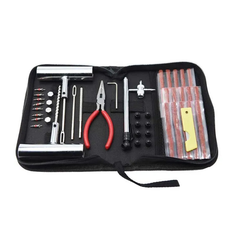 43-piece steel tyre repair kit in compact cloth storage bag for vehicle puncture emergencies