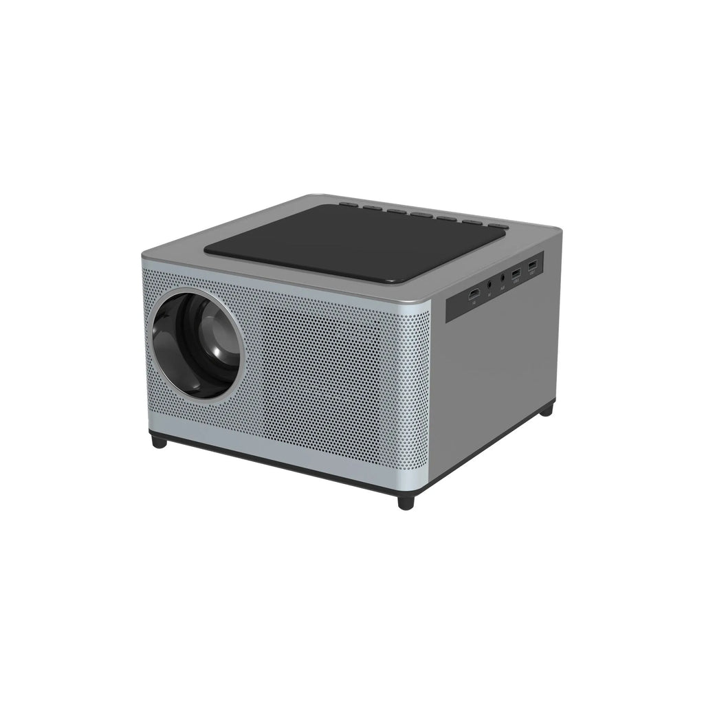 Mini portable projector with 400 ANSI brightness and 200-inch projection on a white wall in a dim room