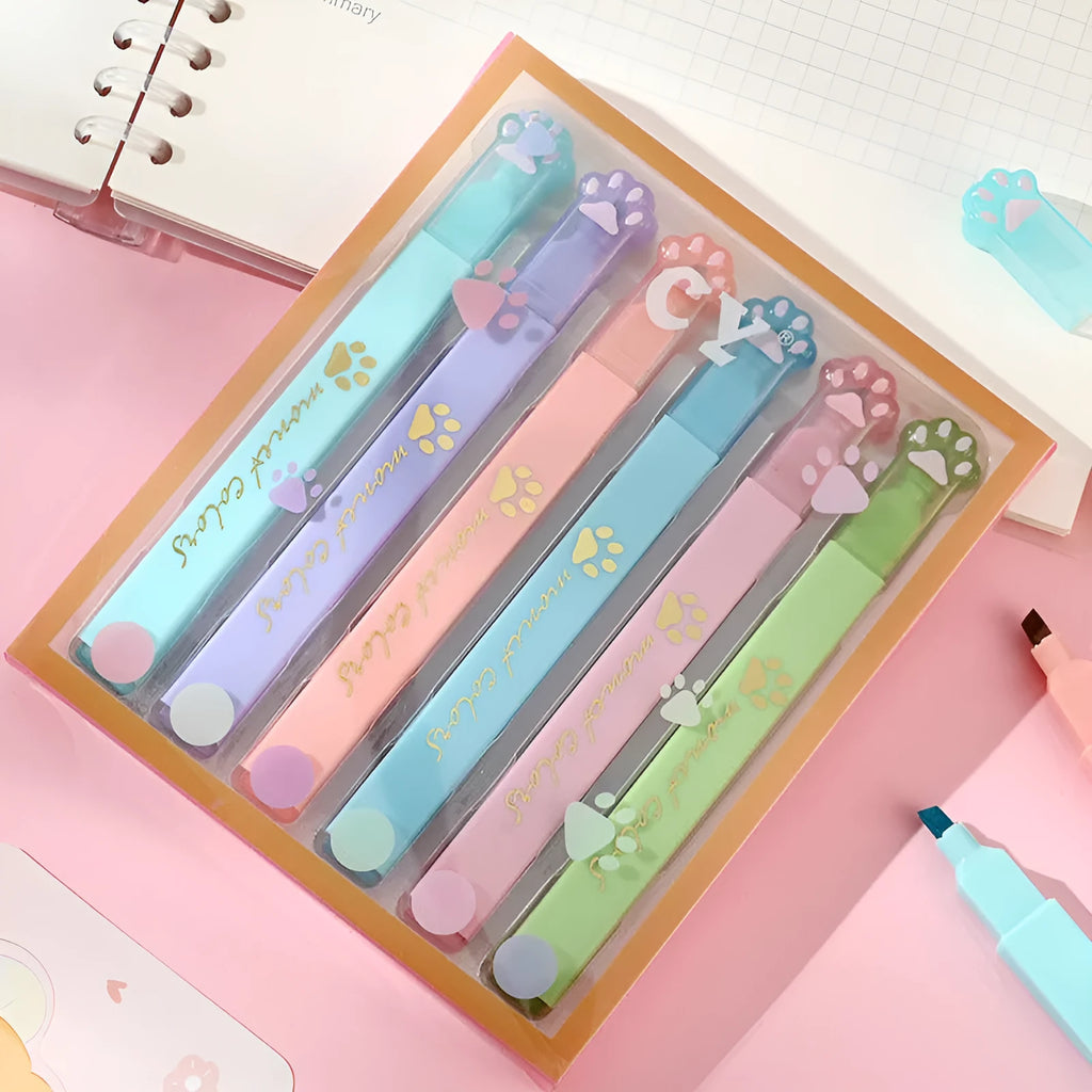 Cat's Paw fluorescent marker pen set showing six pens with oblique tips in a gift box.