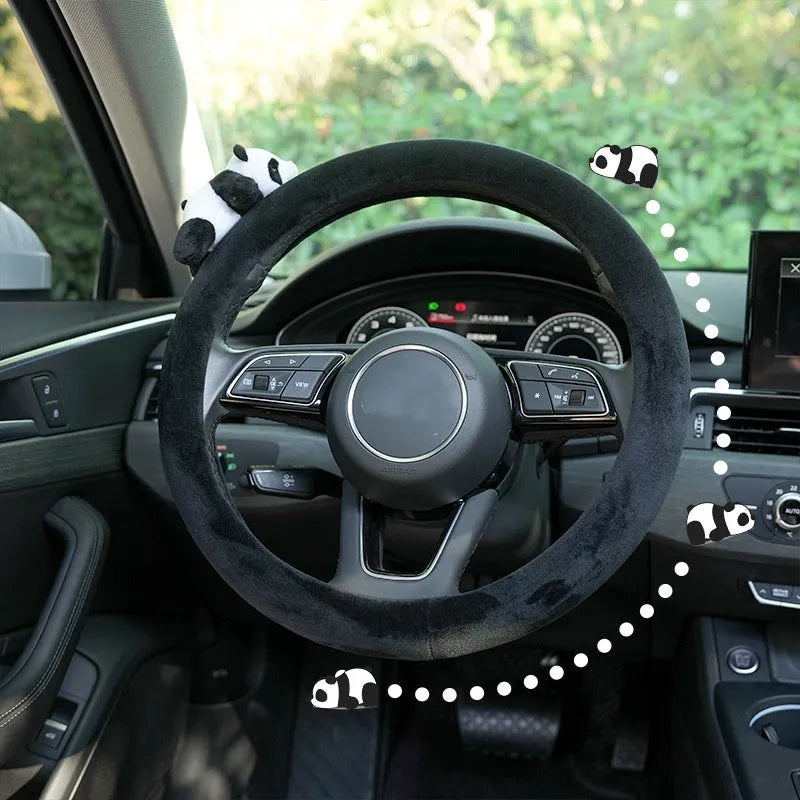 Panda themed plush black steering wheel cover and matching shoulder pad set
