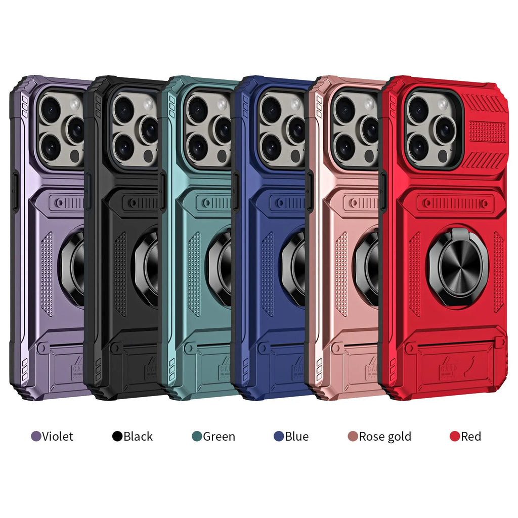 Drop-resistant phone case with hidden card slot and built-in bracket in black for iPhone
