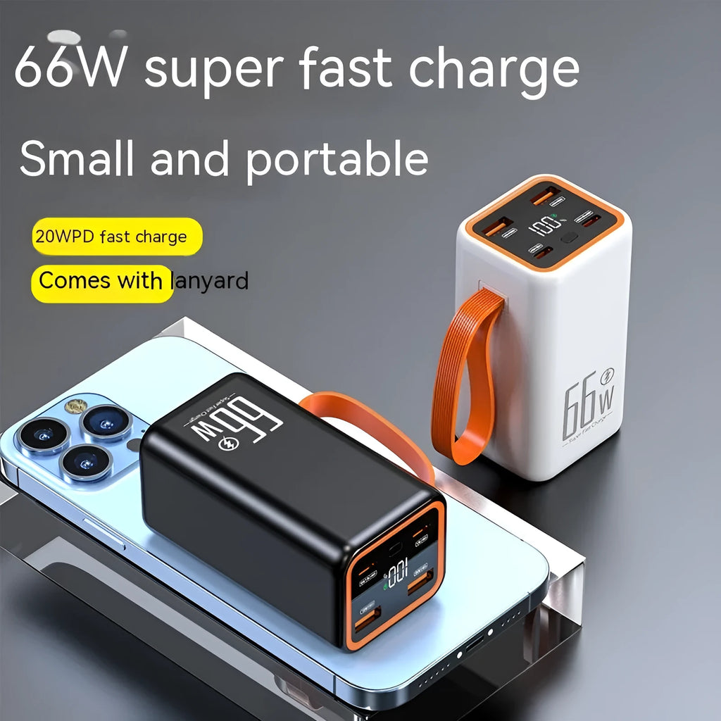 Black and white 20000mAh fast charge power bank measuring 95x52x47.5mm
