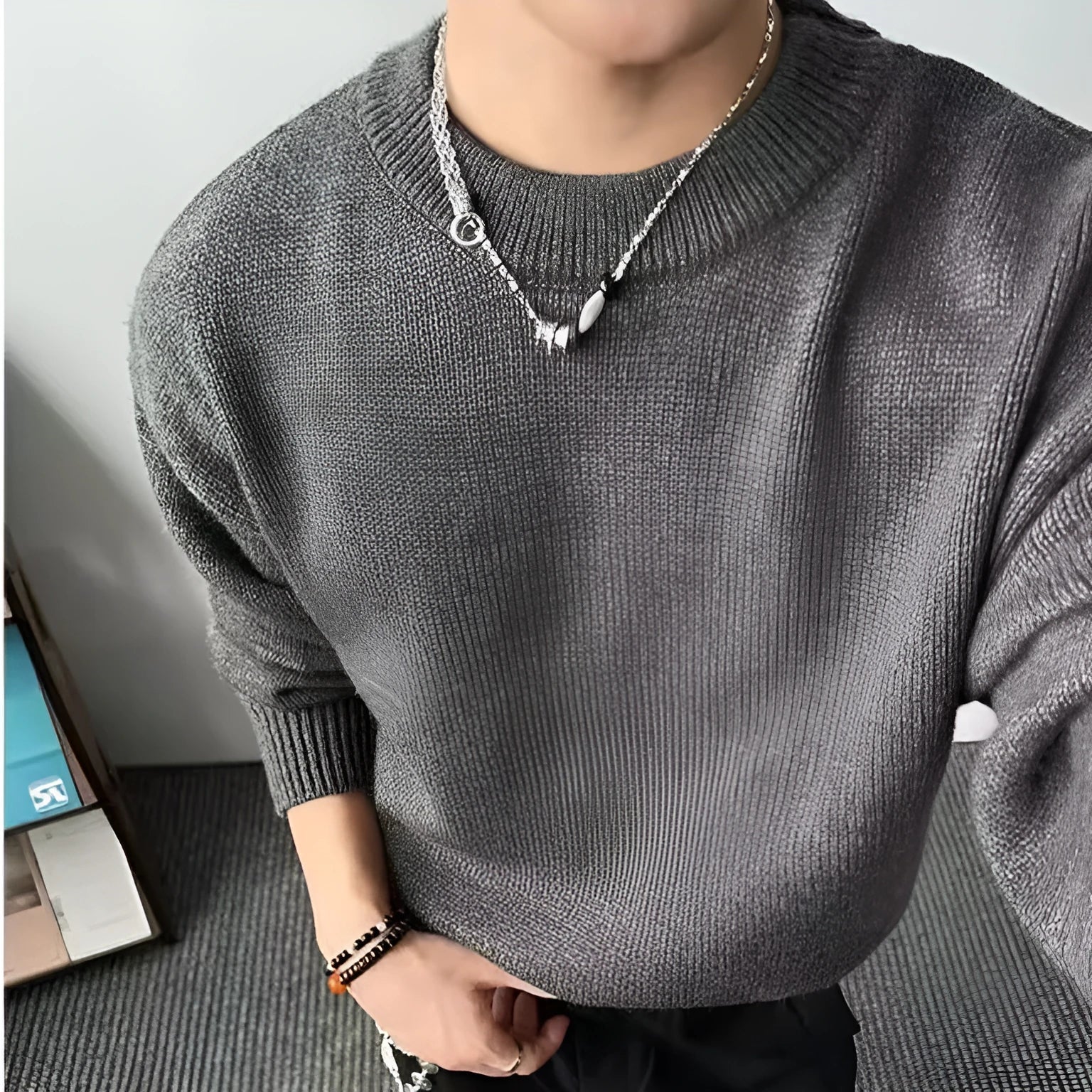 Men's loose fit round neck pullover sweater in cotton blend with long sleeves, available in multiple colours