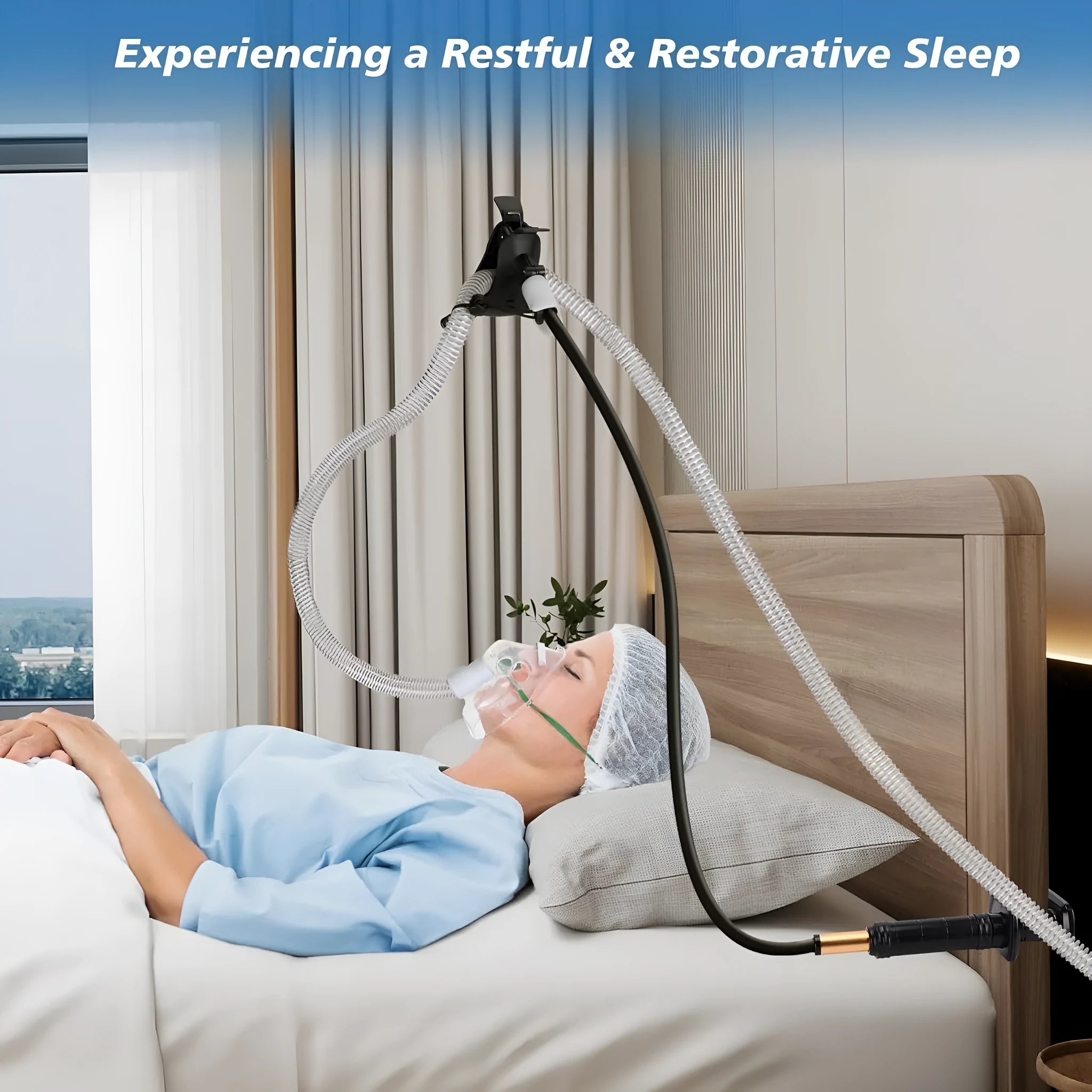 Black and white aluminium alloy ventilator hose bracket for bedside mounting, 95cm long.