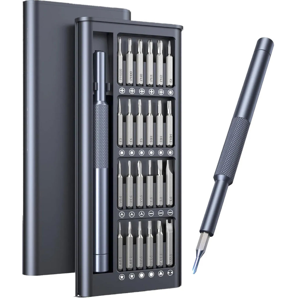 25-in-one magnetic screwdriver set with knurled handle, showing precision bits and a length of 110 mm.