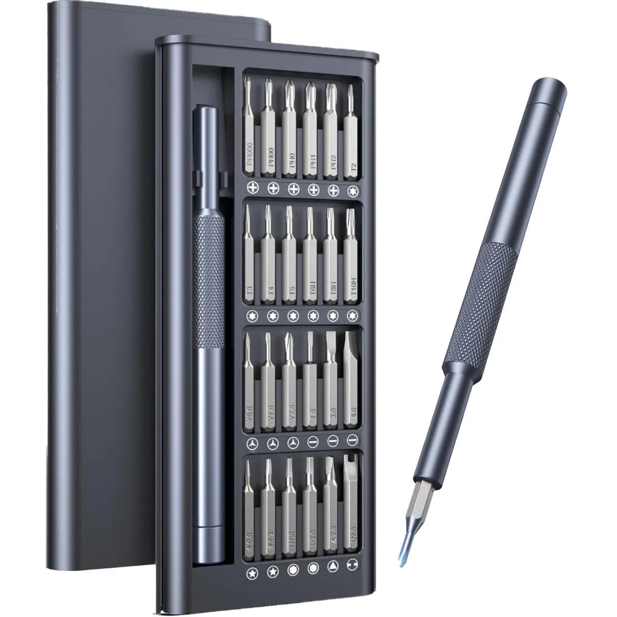 25-in-one magnetic screwdriver set with knurled handle, showing precision bits and a length of 110 mm.
