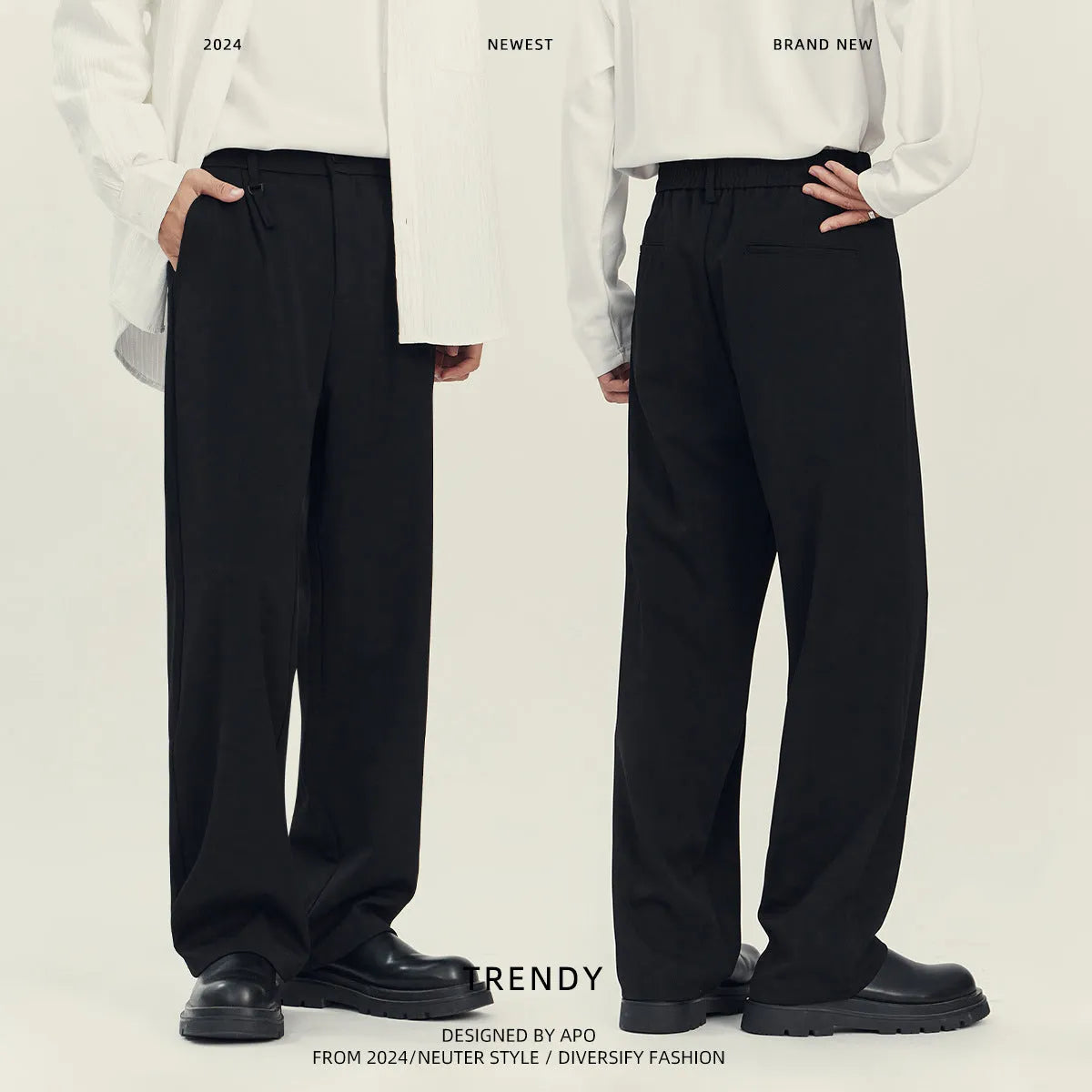 Black drape-effect loose straight-leg business casual trousers on a hanger.