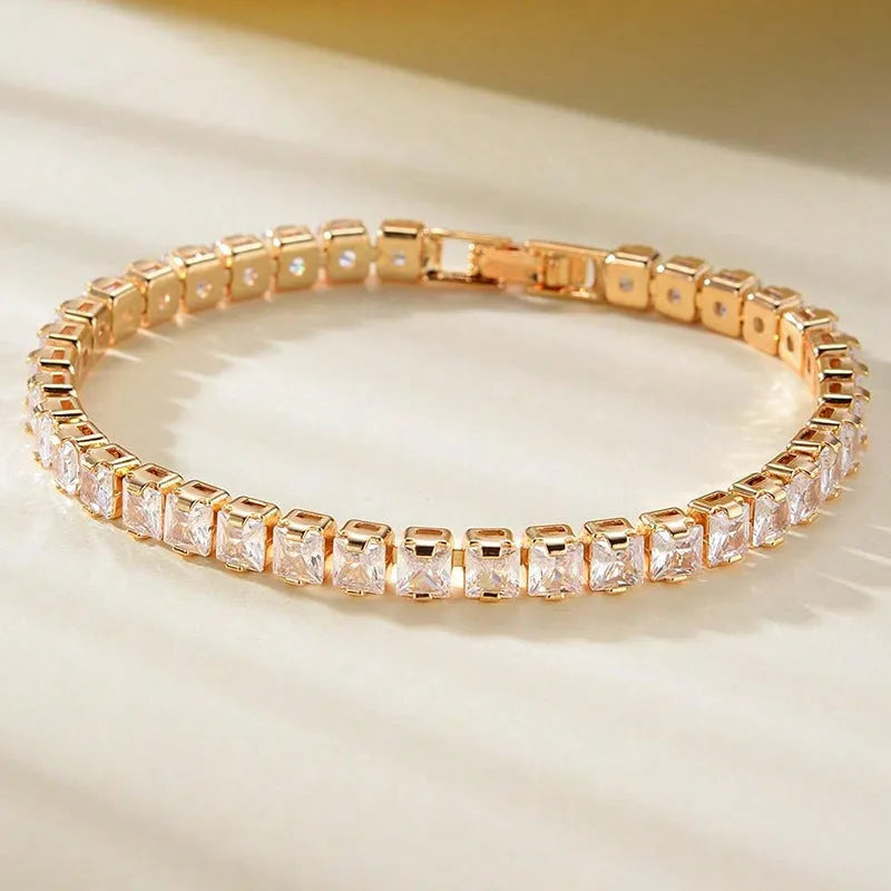 Unisex full diamond zirconia double-row tennis chain bracelet in gold copper electroplate, 7 inches