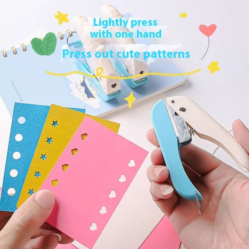 Small manual embossing punch machine for paper crafts showing Love, Star, and round pattern heads.