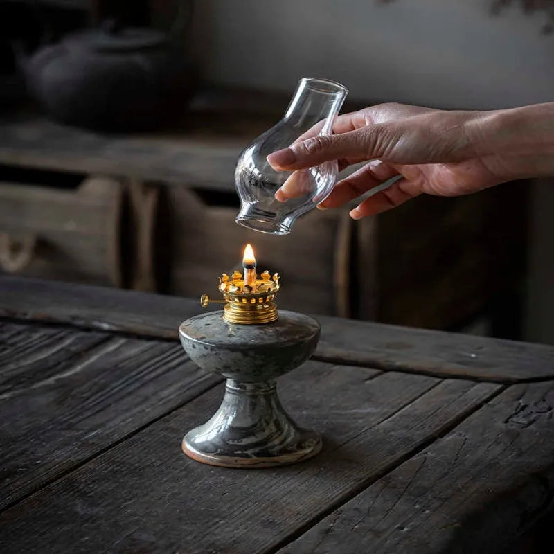 Retro split design Black Shino Kerosene Lamp decorative night light, 7.8cm wide and 23.8cm high, handmade ornament.