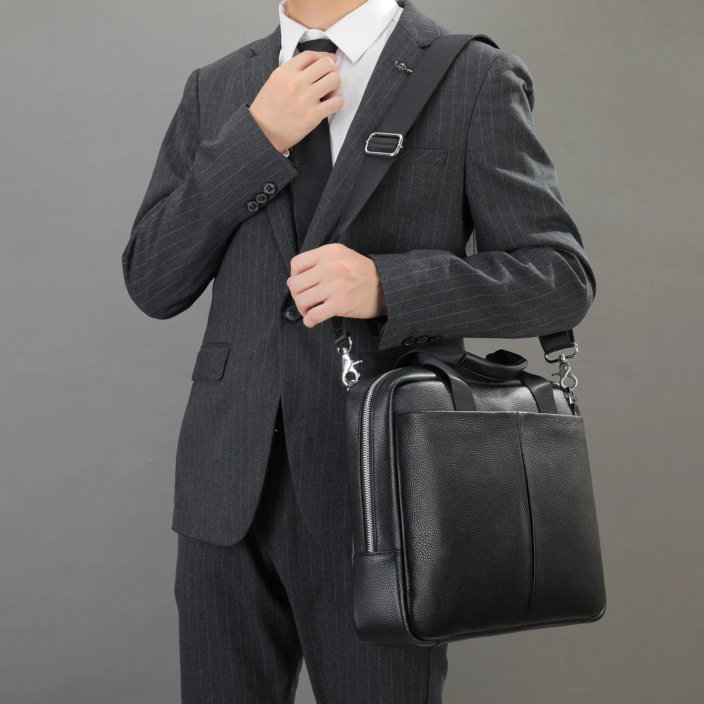 Genuine leather large capacity horizontal briefcase in black for men, first layer cowhide with sewing line detailing