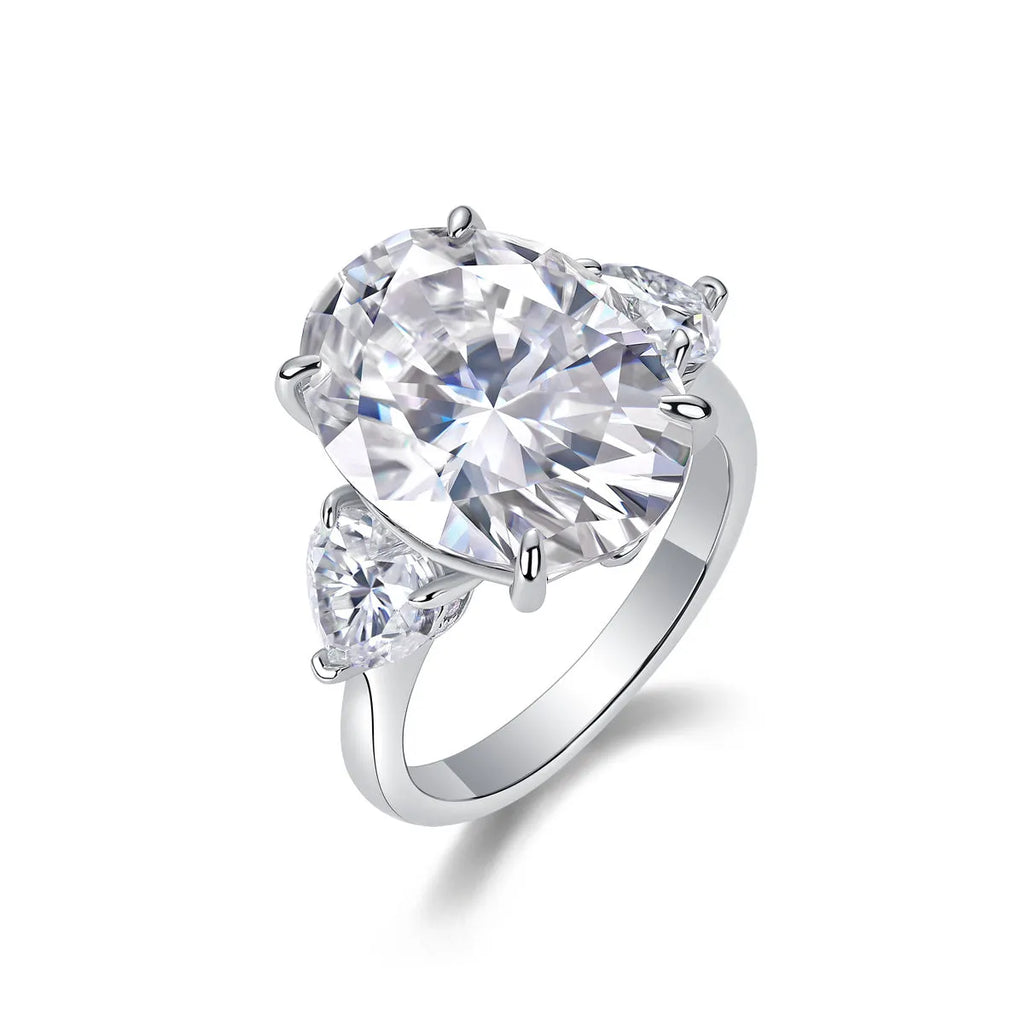 Soul Resonance wedding ring set with egg-shaped moissanite in platinum-plated S925 silver on a white background