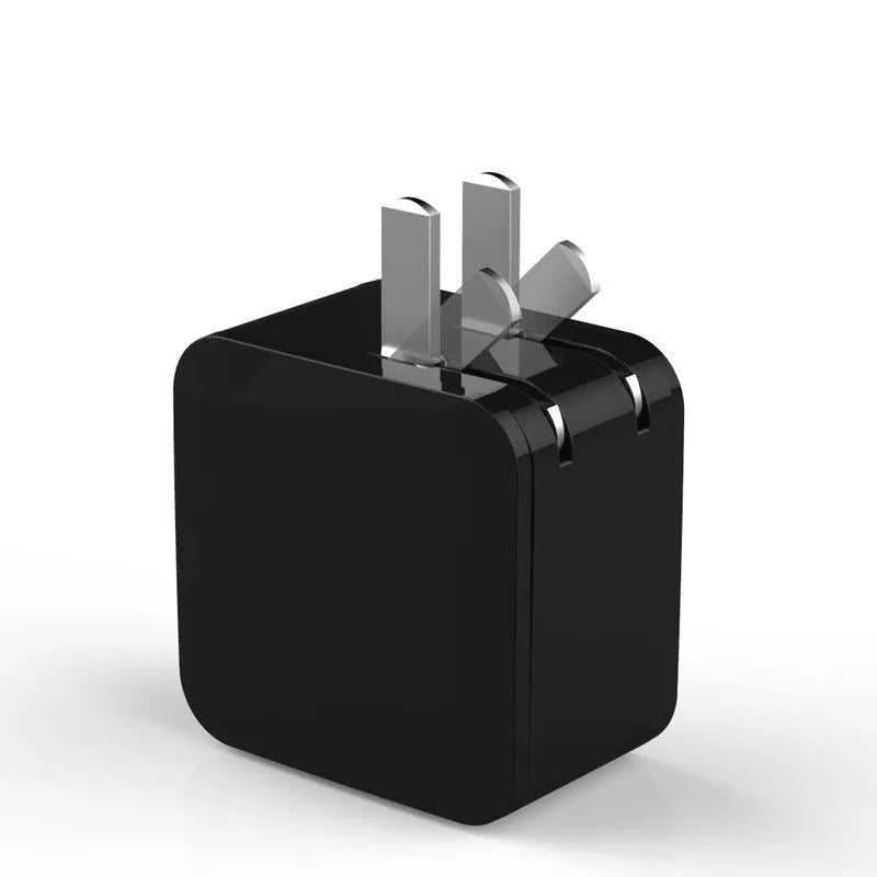5V2.4A dual USB travel charger with digital display in black, white, or red, showing US and EU plug options.