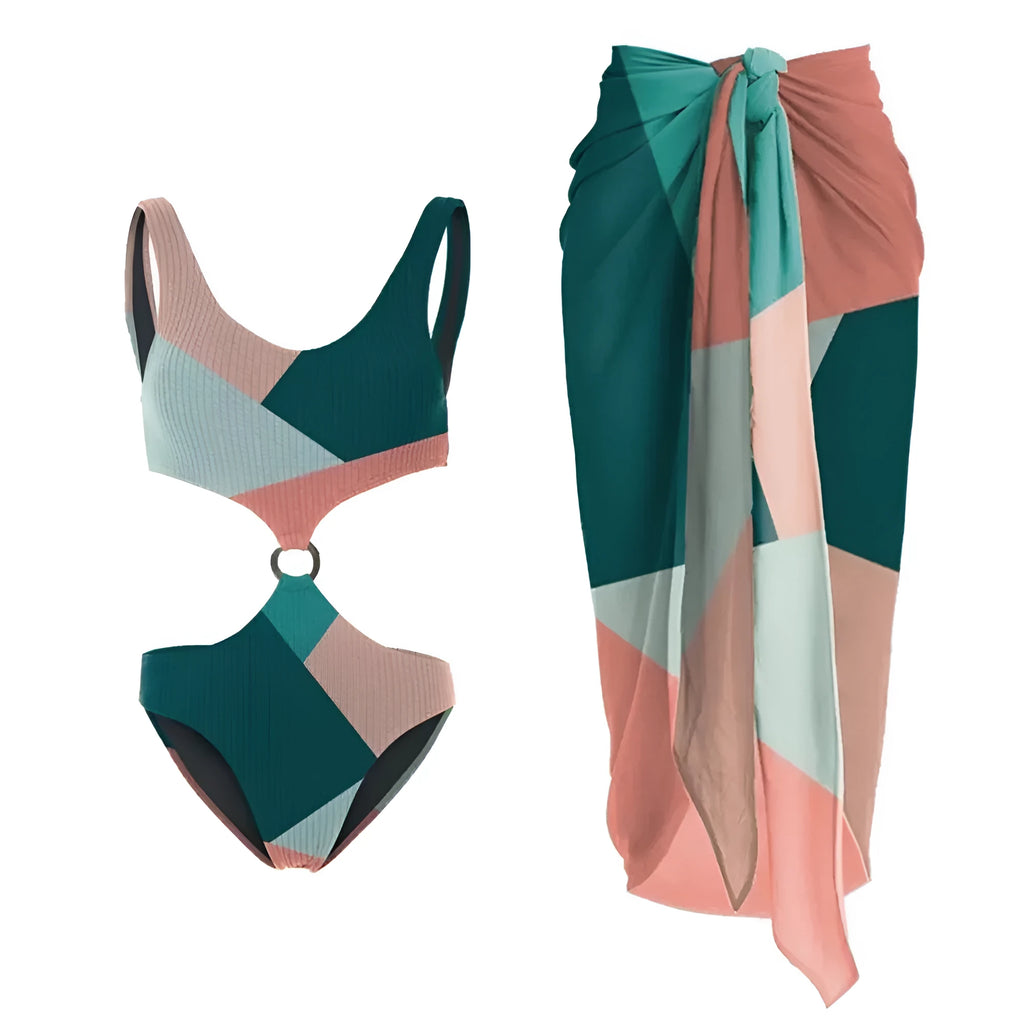 Colour-contrast bikini two-piece set with mesh gauze skirt swimwear