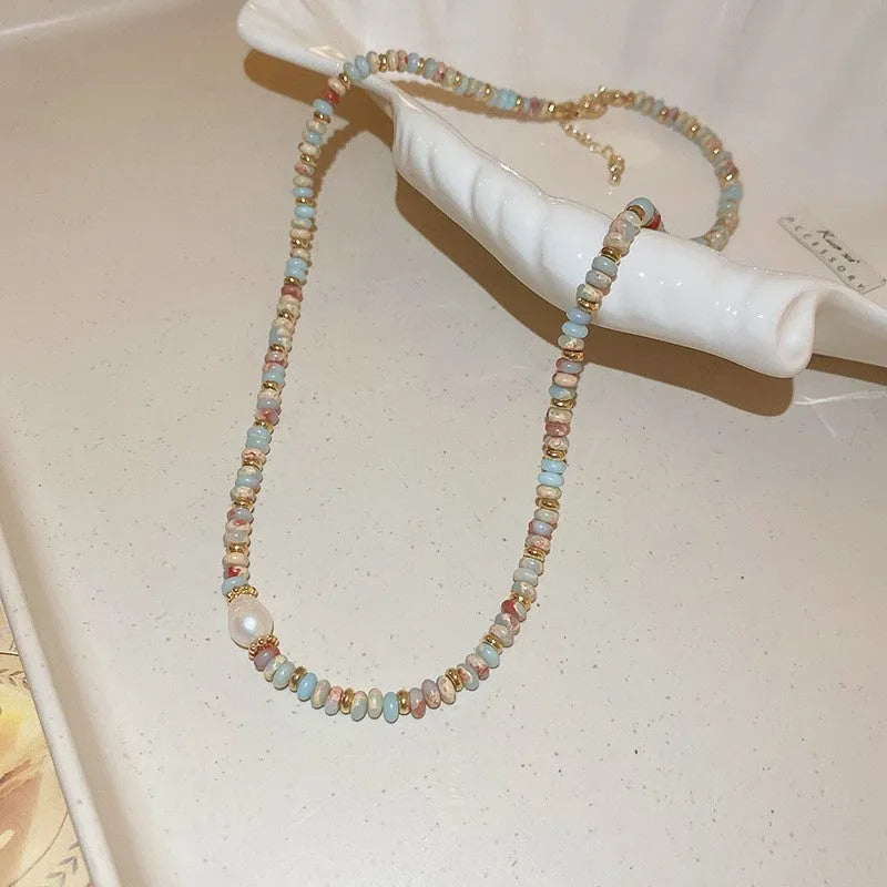 Women's geometric pearl necklace on zinc alloy clavicle chain with electroplated finish, adjustable 41-50cm