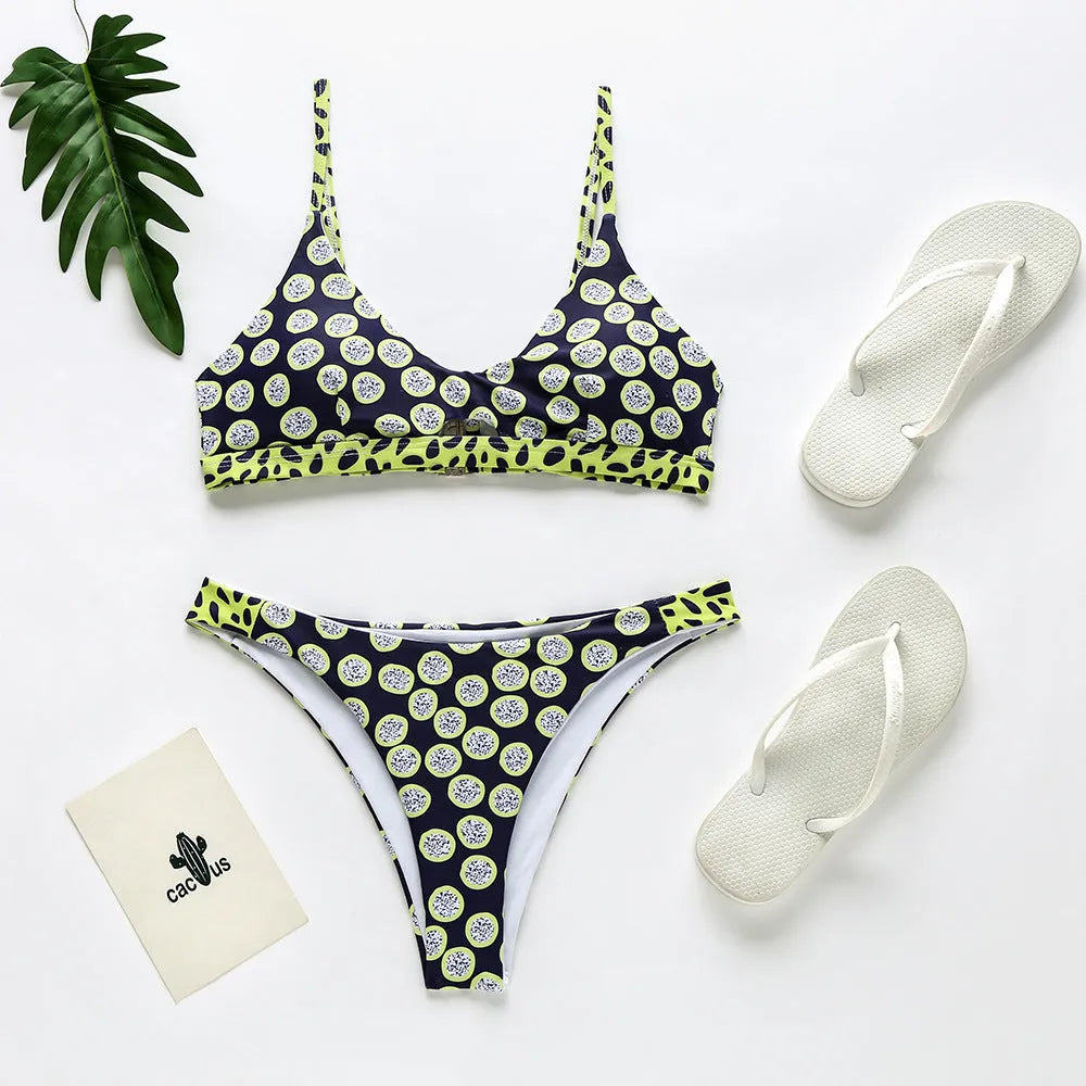 Women's bikini swimwear in polyester fabric with dots or stripes pattern options