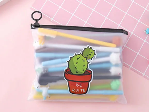 20 black 0.5mm gel pens in Marvel cartoon cactus character plastic case measuring 21 by 17cm