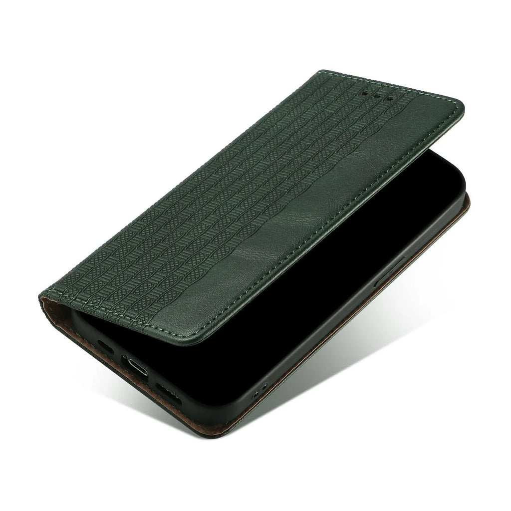 Embossed leather flip phone case in black for iPhone, showing front cover closed.