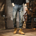 Men's vintage blue loose straight-leg jeans with fleece lining and a drawstring waist closure.