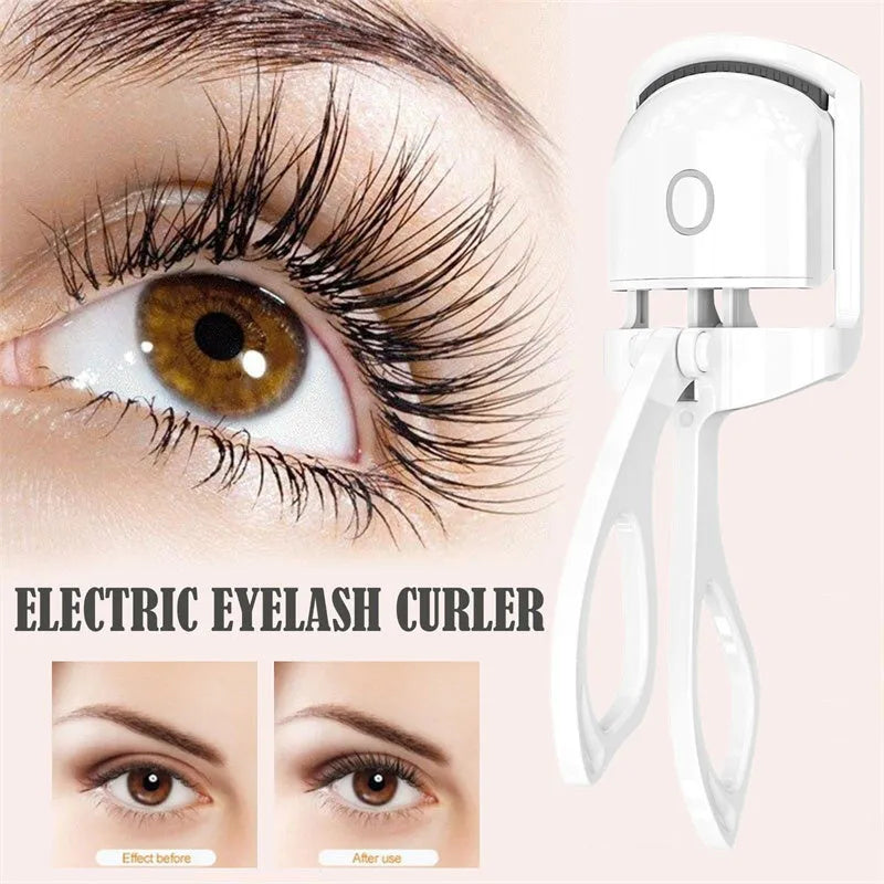 White USB heated eyelash curler with dual temperature buttons and safety insulating slots.