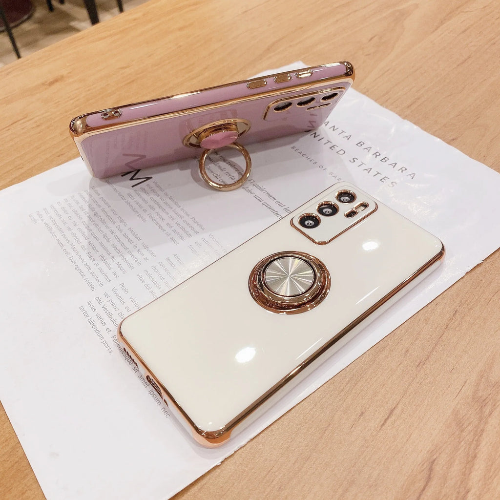 Huawei mobile phone case with a ring bracket and magnetic mount compatibility in assorted colours.