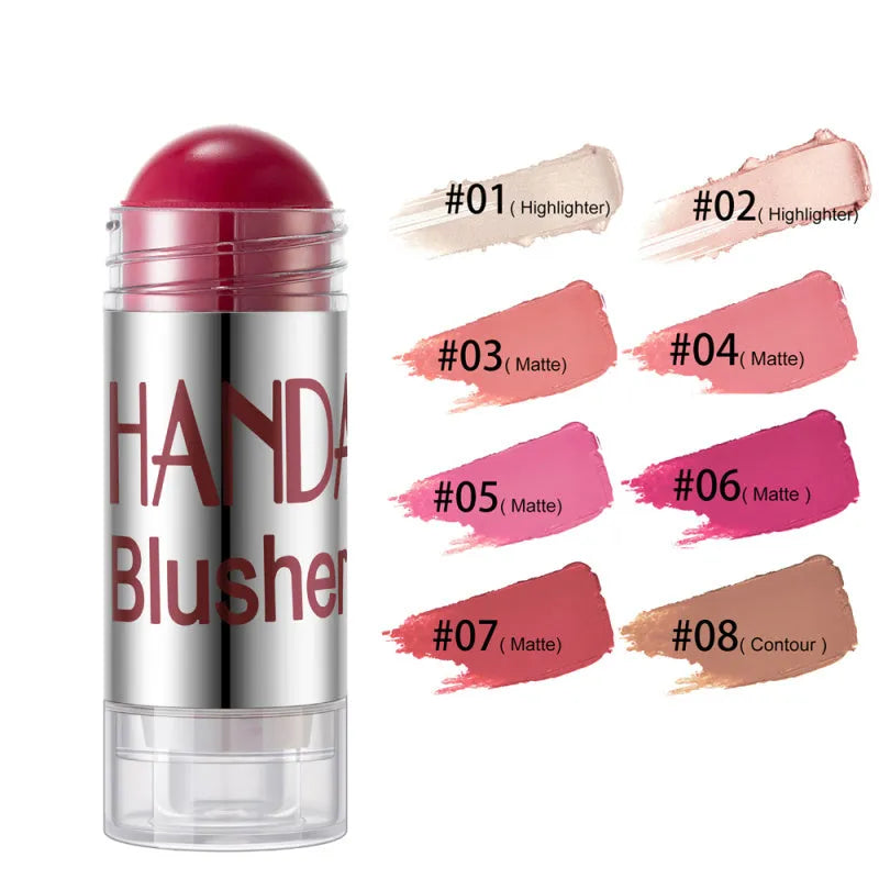 Cheek blusher shimmer blush stick, oil-free, 8.5g, 24mm x 70mm, available in 8 shades.