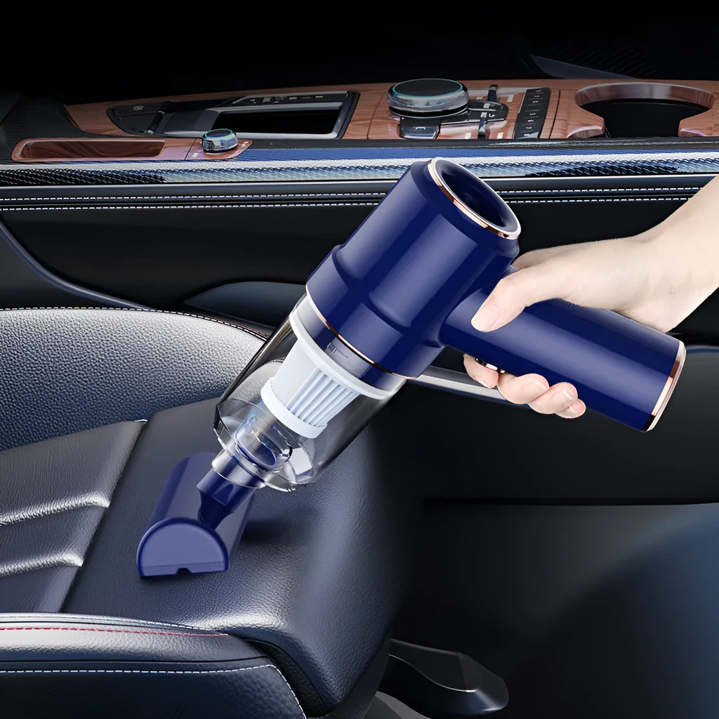 Mini rechargeable cordless handheld vacuum cleaner in Moran Blue with brush and long straw attachments
