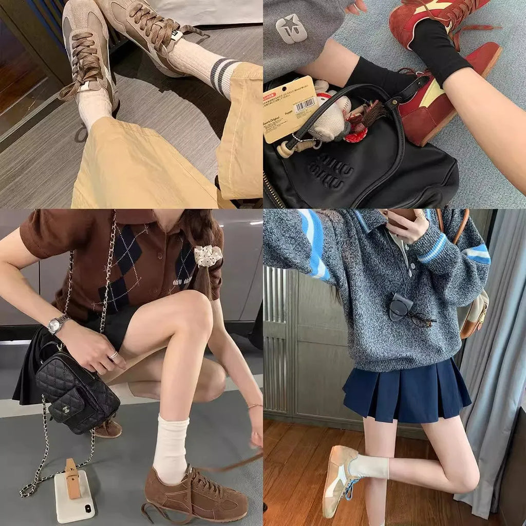 Women's retro suede sneakers in solid red, sand, brown, or milk grey with rubber outsole and height-increasing sole, sizes 35-40