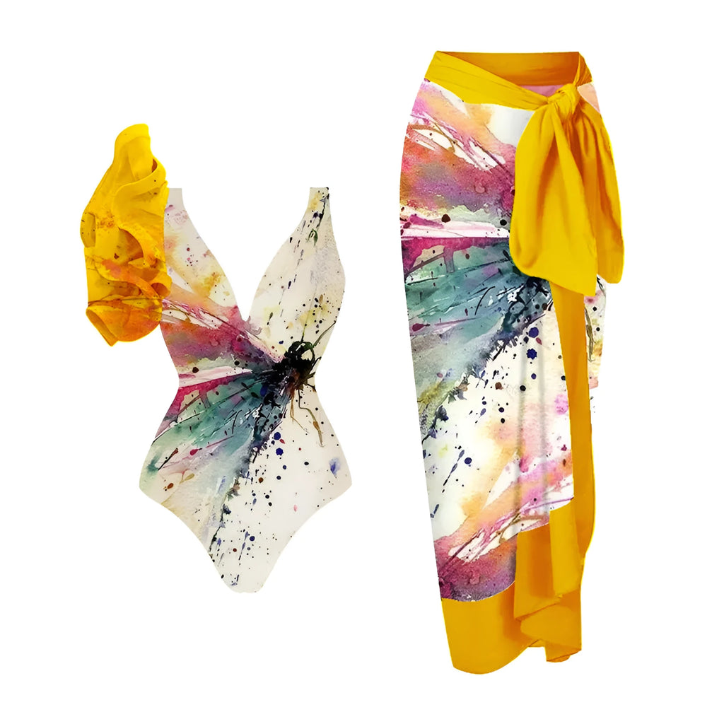 Yellow women's one-piece swimsuit with conservative belly cover design