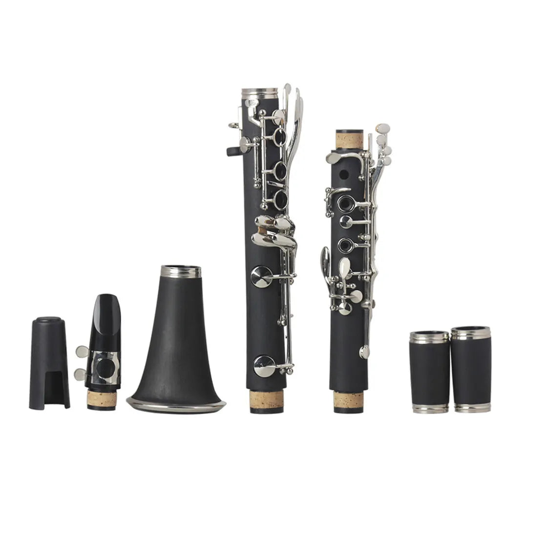 Black Bakelite beginner clarinet with nickel keys and included protective carrying bag