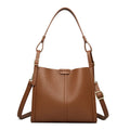 Brown PU women's shoulder bag with single strap and multiple interior compartments