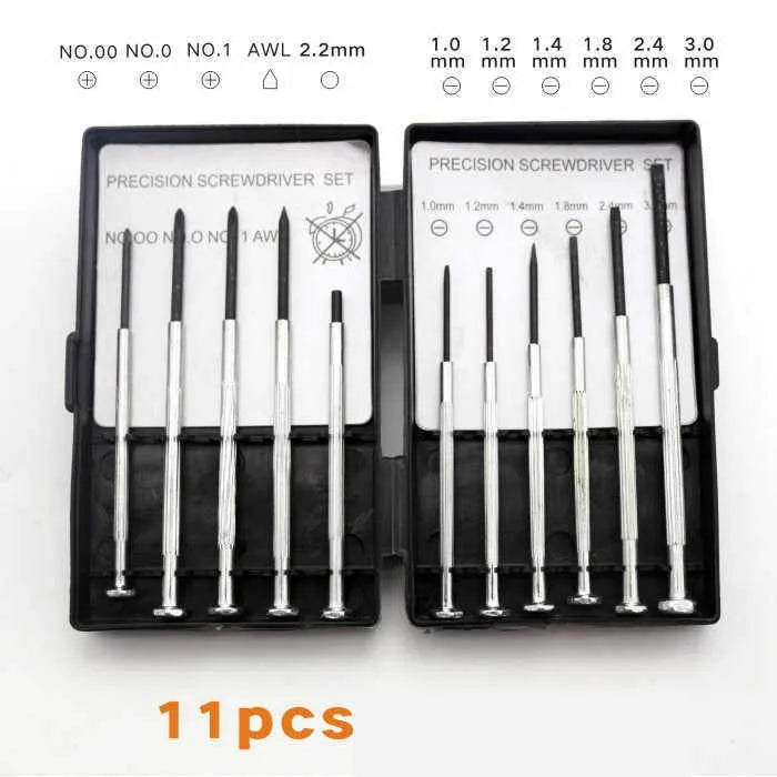 TH-6177 11-piece clock repair screwdriver set with cross and slotted bits in a case.