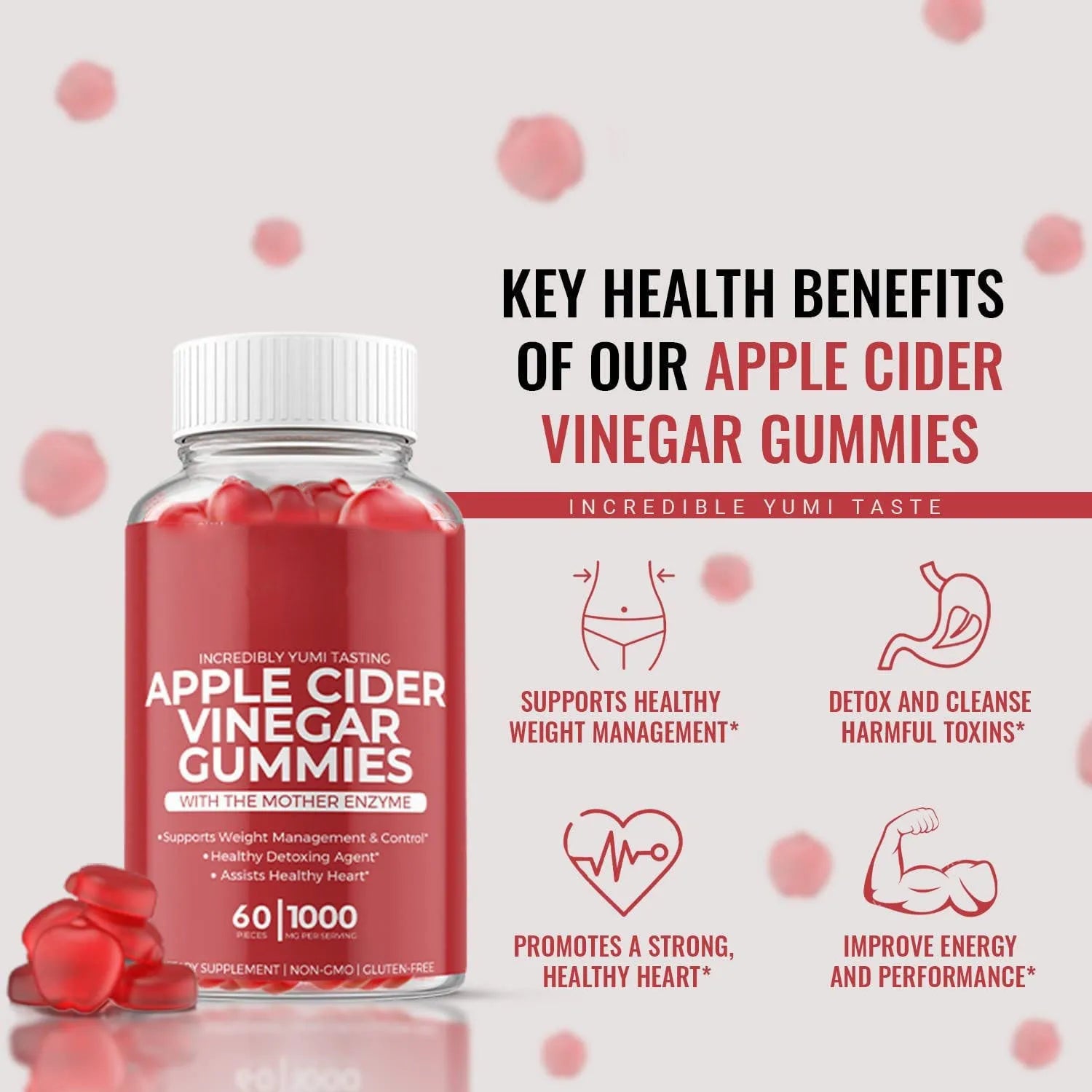 Apple cider vinegar gummies bottle containing 60 soft candy tablets for adult nutritional supplementation