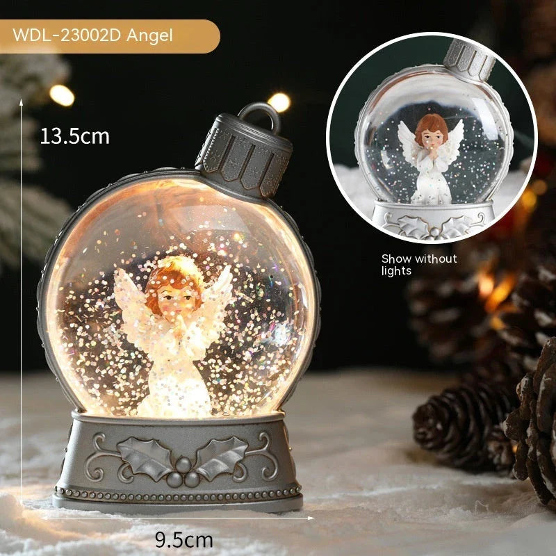 Illuminating LED Christmas decoration with flame-like effect, featuring various holiday figures like Santa, snowman, and angel.