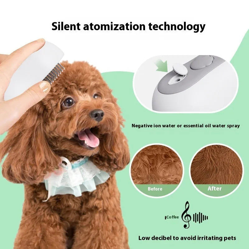 Beige coloured cordless pet grooming comb with massage teeth and spray function for cat hair removal.