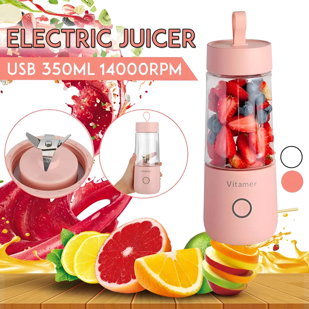 White portable USB blender bottle with silicone handle and stainless steel blade inside.