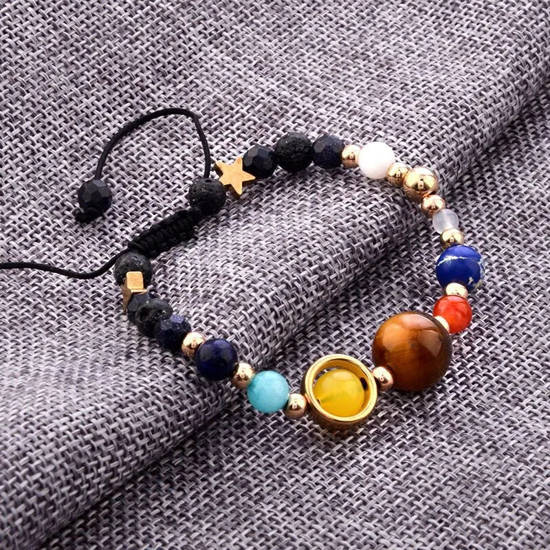 Eight planets natural stone bead bracelet with lapis lazuli, aquamarine, labradorite, tiger eye and red agate on wax rope or elastic string.
