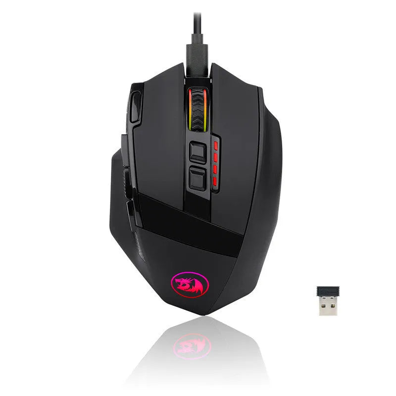 Redragon M801P black wireless gaming mouse with ergonomic design and nine buttons