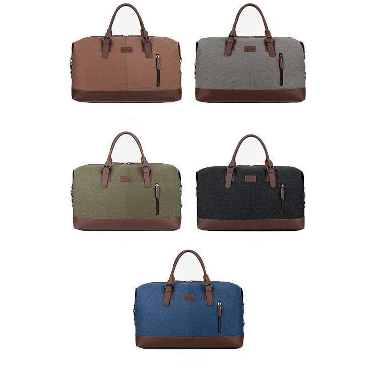 Canvas travel bag for men, square vertical shape in light grey, with shoulder strap and zipper closure
