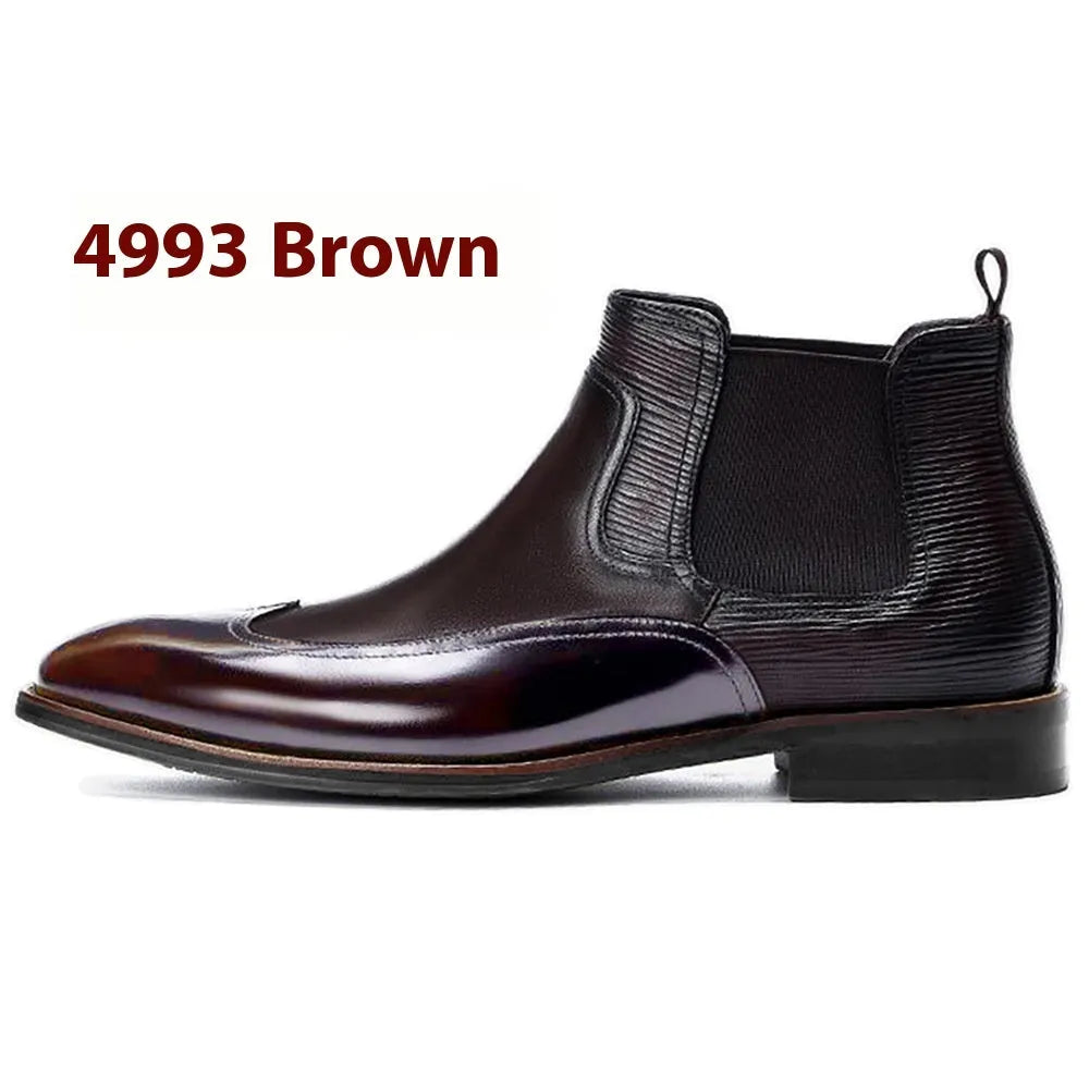Men's colour block Chelsea boots in black or dark brown with artificial PU upper, beef tendon sole, and elastic band entry.