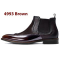 Men's colour block Chelsea boots in black or dark brown with artificial PU upper, beef tendon sole, and elastic band entry.
