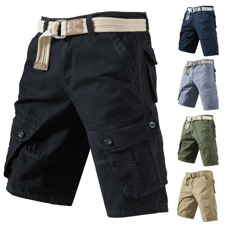 Men's loose fit cargo shorts in a cotton polyester blend, shown in army green colour with multiple pockets.