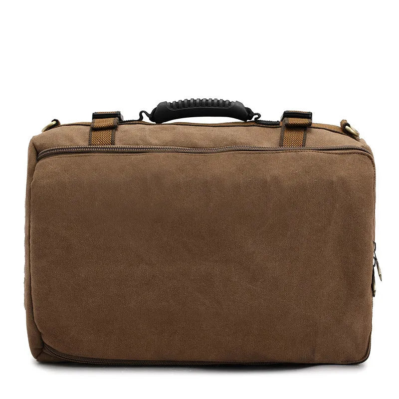 Canvas backpack with square vertical section and side pocket in khaki