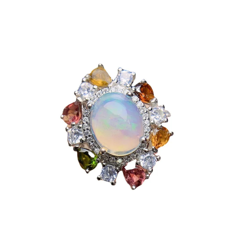 S925 silver ring with opal inlay and adjustable opening, women's fashionable OL design