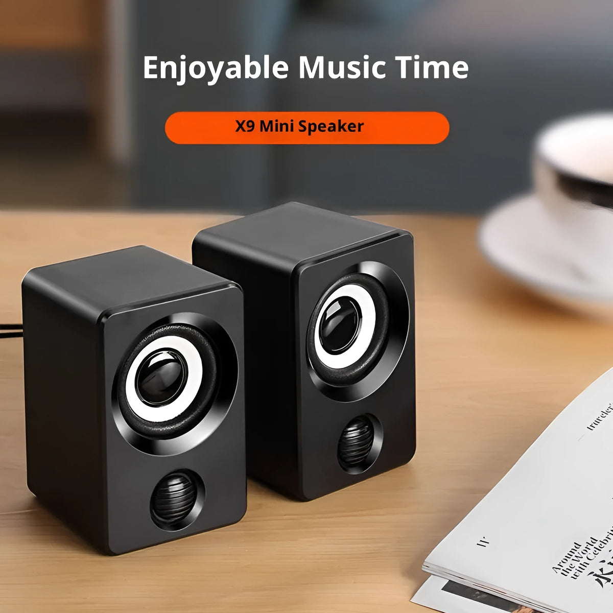 Pair of USB mini multimedia wired plastic speakers in A2 VIP Version Black with 2 channels and 60Hz-15KHz frequency range